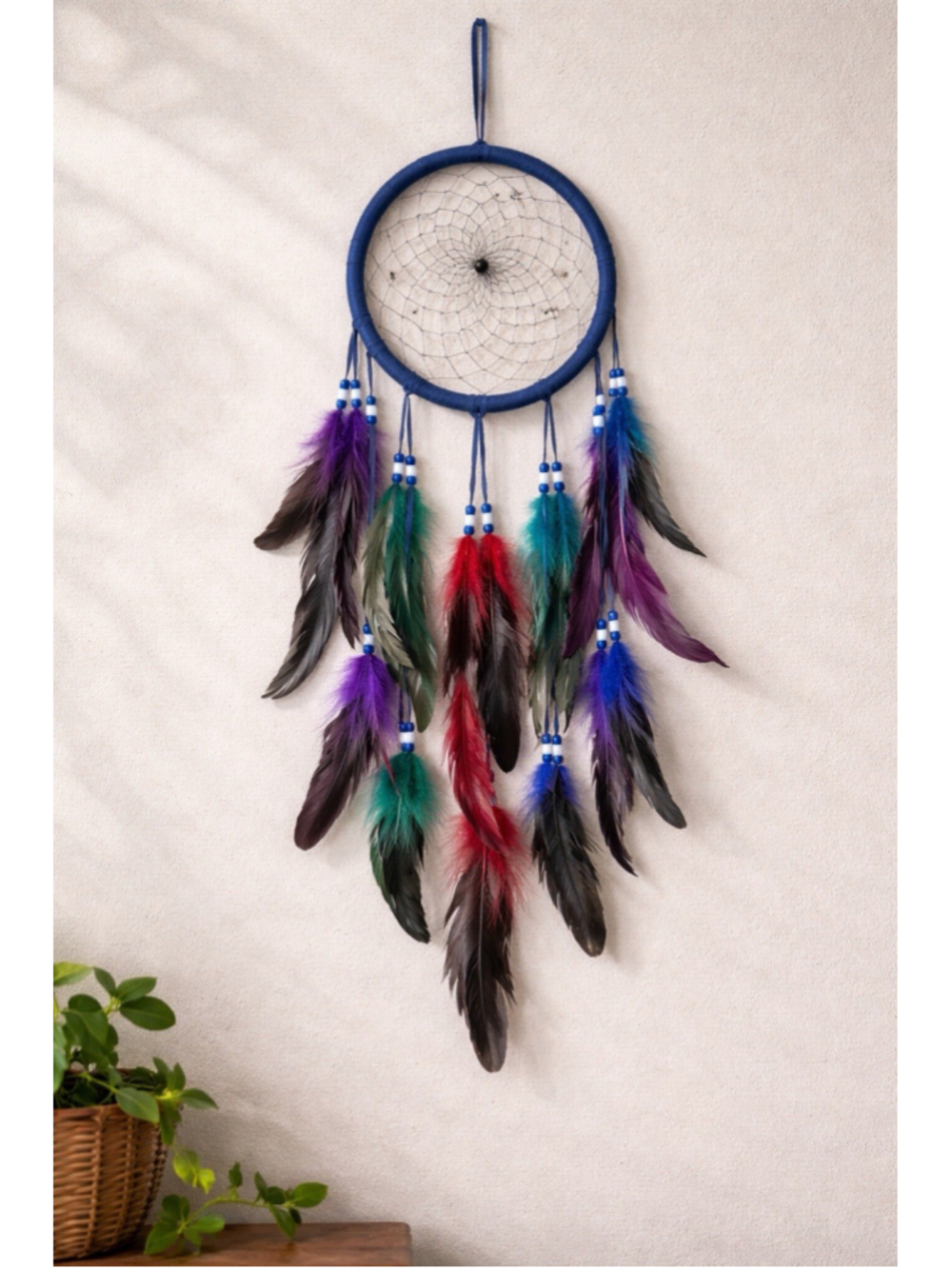 Blue Dream Catcher Wall Hanging 8.5” Ring 29” Long Boho Feather Decor
